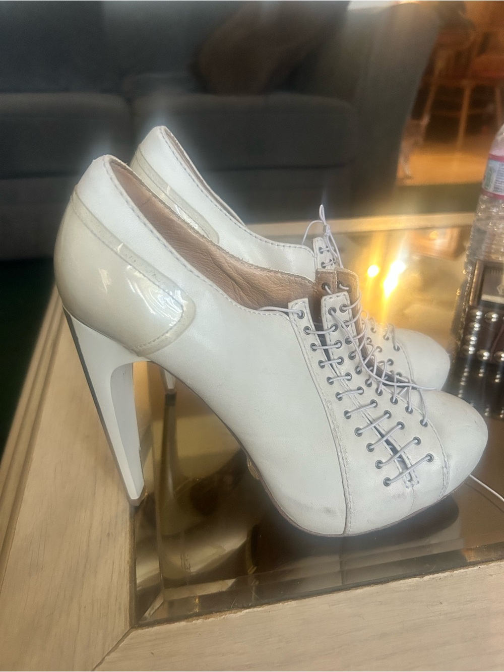 L.A.M.B Cream Lace-Up High Heel Oxford Pumps 8.5